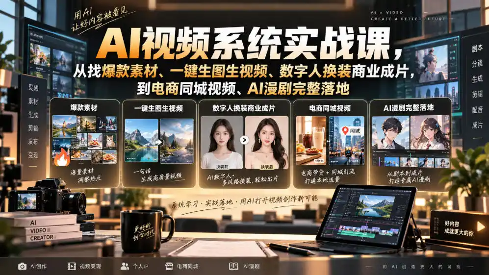 AI视频系统实战课，从找爆款素材、一键生图生视频、数字人换装商业成片，到电商同城视频、AI漫剧完整落地-资源分享