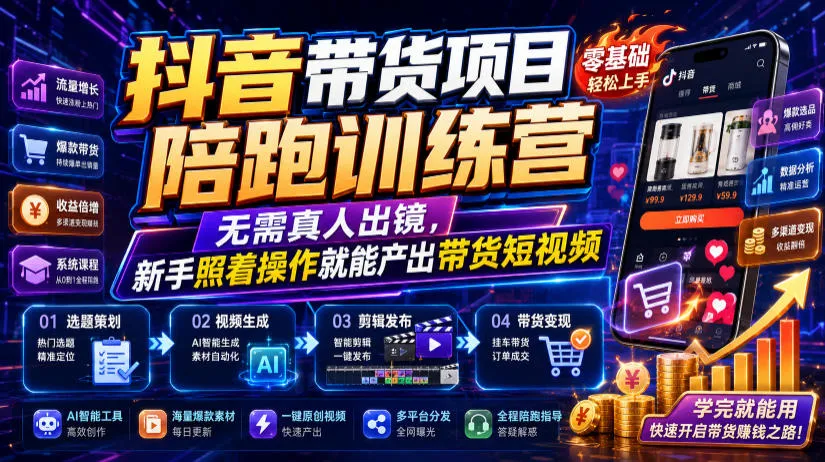 抖音带货项目陪跑训练营，无需真人出镜，新手照着操作就能产出带货短视频-资源分享