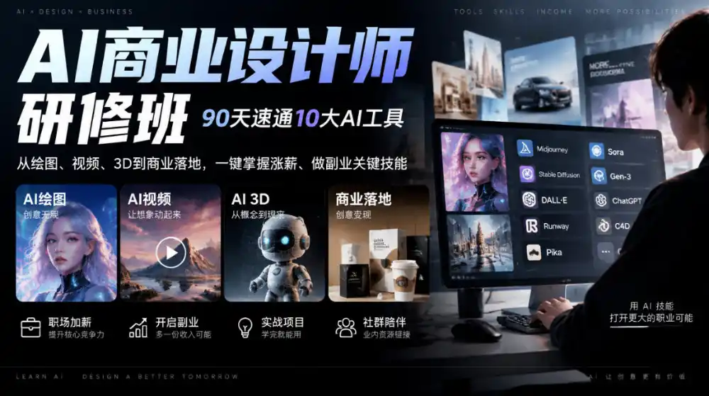 AI商业设计师研修班，90天速通10大AI工具，从绘图、视频、3D到商业落地，一键掌握涨薪、做副业关键技能-资源分享