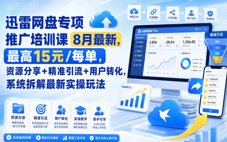 迅雷网盘专项推广培训课8月最新，最高15米/每单，资源分享+精准引流+用户转化，系统拆解最新实操玩法(更新0824)-资源分享