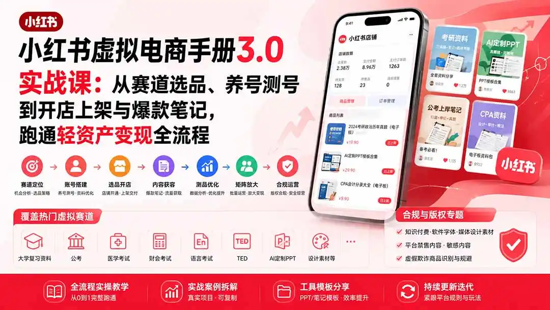 小红书虚拟电商手册3.0实战课：从赛道选品、养号测号到开店上架与爆款笔记，跑通轻资产变现全流程-资源分享