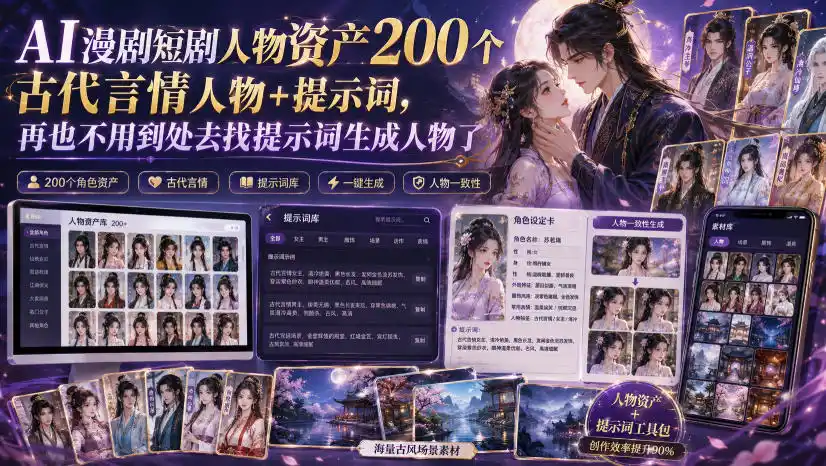 AI漫剧短剧人物资产200个古代言情人物+提示词，再也不用到处去找提示词生成人物了-资源分享