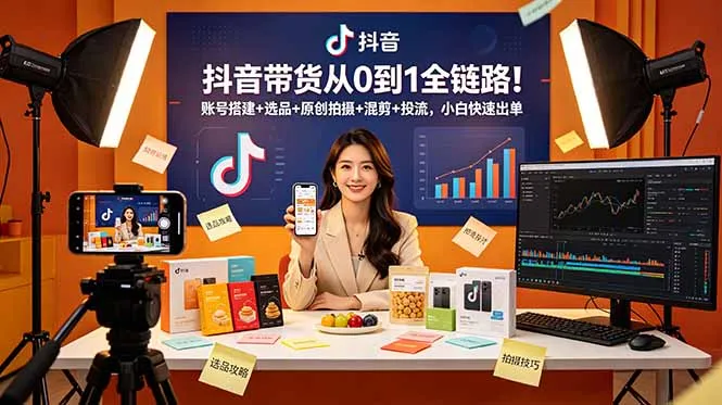 抖音带货从0到1全链路！账号搭建+选品+原创拍摄+混剪+投流，小白快速出单-资源分享