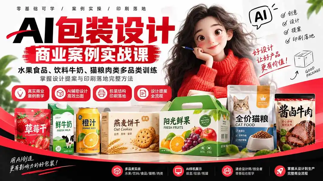 AI包装设计商业案例实战课：水果食品、饮料牛奶、猫粮肉类多品类训练，掌握设计提案与印刷落地完整方法-资源分享