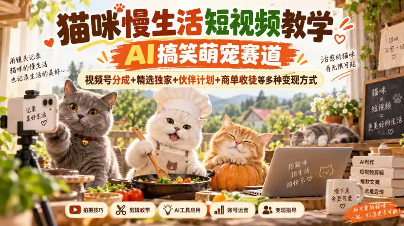 猫咪慢生活短视频教学，AI搞笑萌宠赛道，视频号分成+精选独家+伙伴计划+商单收徒等多种变现方式-资源分享