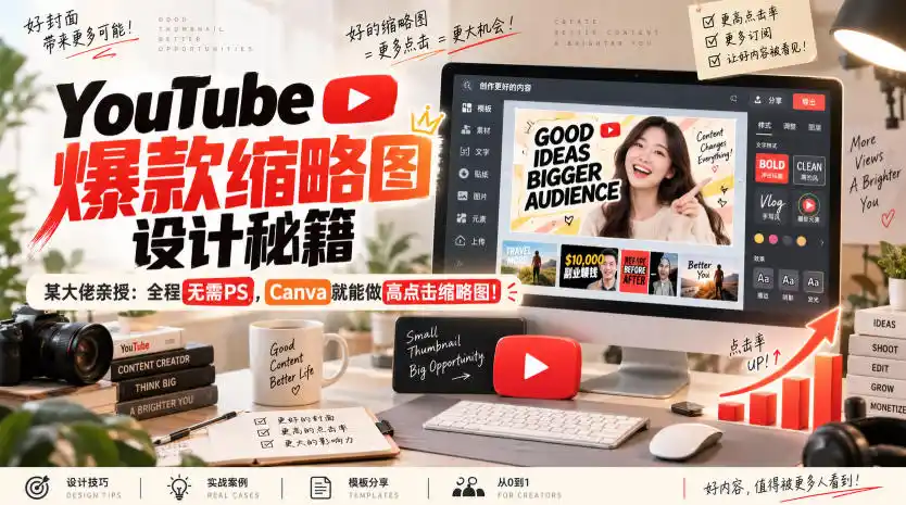 YouTube爆款缩略图设计秘籍，某油管大佬(610万订阅者)亲授，全程无需PS，Canva就能做高点击缩略图！【原创双语字幕】-资源分享
