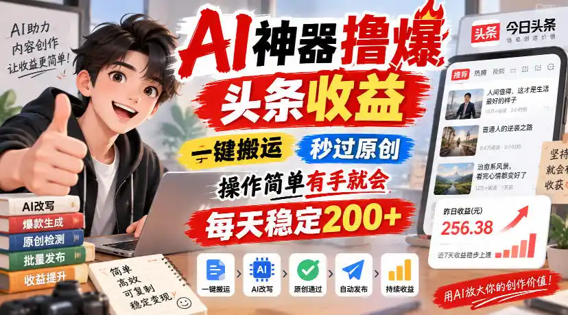 AI神器撸爆头条收益，一键搬运，秒过原创，操作简单有手就会，每天稳定200+【揭秘】-资源分享