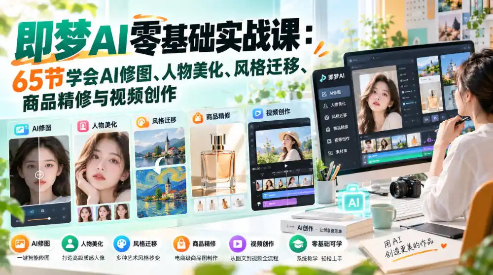 即梦AI零基础实战课：65节学会AI修图、人物美化、风格迁移、商品精修与视频创作-资源分享