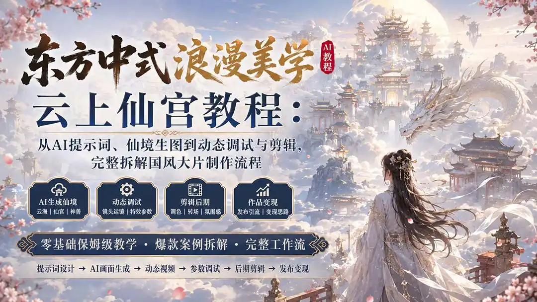 东方中式浪漫美学云上仙宫教程：从AI提示词、仙境生图到动态调试与剪辑，完整拆解国风大片制作流程-资源分享