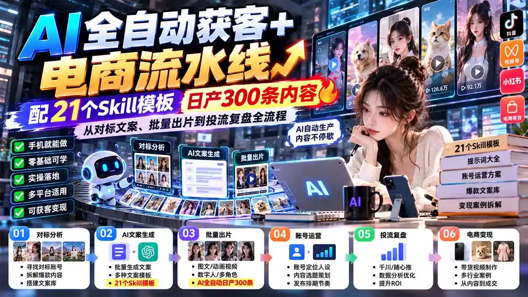 【无水印】AI全自动获客+电商流水线：配21个Skill模板，日产300条内容，从对标文案、批量出片到投流复盘全流程-资源分享