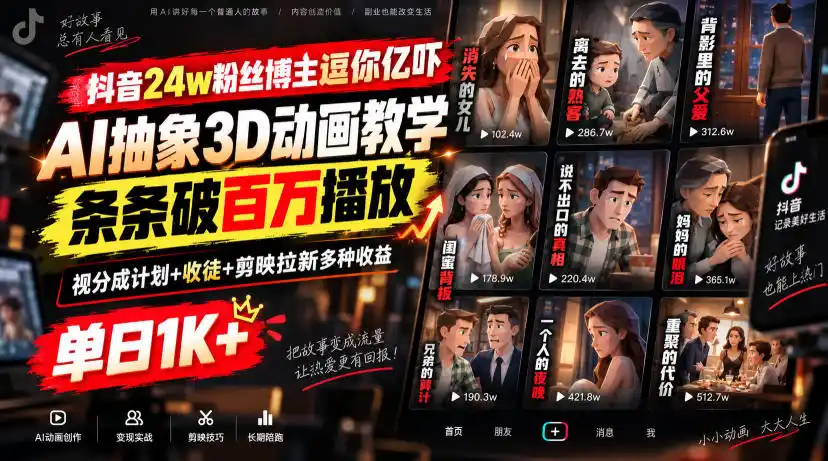 抖音24w粉丝博主逗你亿吓AI抽象3D动画教学，条条破百万播放，分成计划+收徒+剪映拉新多种收益，单日1K+-资源分享
