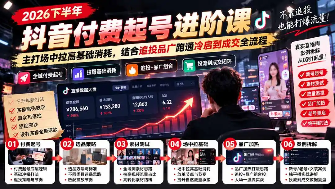 2026下半年抖音付费起号进阶课：主打场中拉高基础消耗，结合追投品广跑通冷启到成交全流程-资源分享