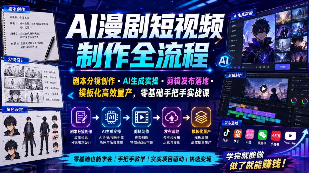 AI漫剧短视频制作全流程｜剧本分镜创作・AI生成实操・剪辑发布落地・模板化高效量产，零基础手把手实战课-资源分享