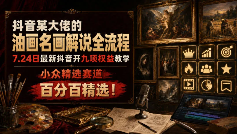抖音某大佬的油画名画解说全流程，7.24日最新抖音开九项权益教学，小众精选赛道，百分百精选！-资源分享