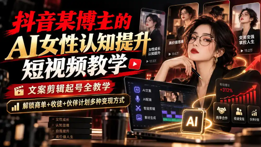 抖音某博主的Ai女性认知提升短视频教学,文案剪辑起号全教学,解锁商单+收徒+伙伴计划多种变现方式