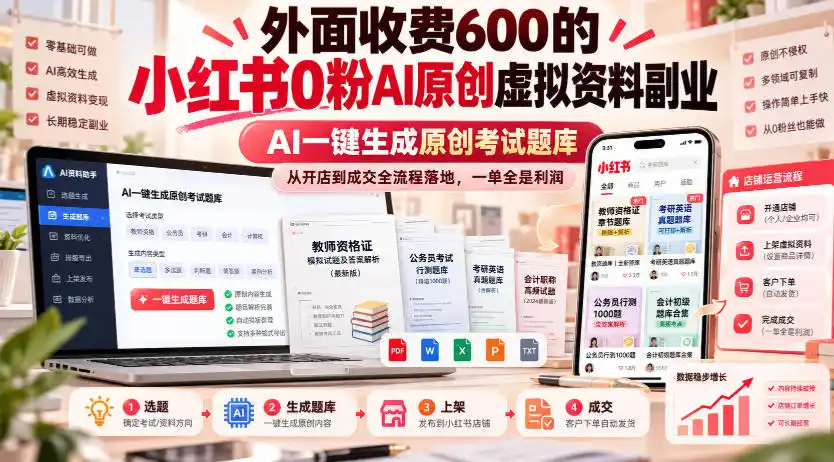 外面收费600的小红书0粉AI原创虚拟资料副业，AI一键生成原创考试题库，从开店到成交全流程落地，一单全是利润-资源分享