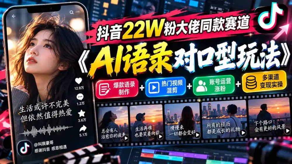 抖音22W粉大佬同款赛道《AI语录对口型玩法》：爆款语录制作+热门视频混剪+账号运营涨粉+多渠道变现实操-资源分享