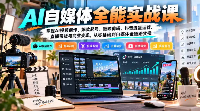 【无水印】AI自媒体全能实战课，掌握AI视频创作、爆款起号、剪映剪辑、抖音流量运营、直播带货与商业变现，从零基础到自媒体全链路实操-资源分享