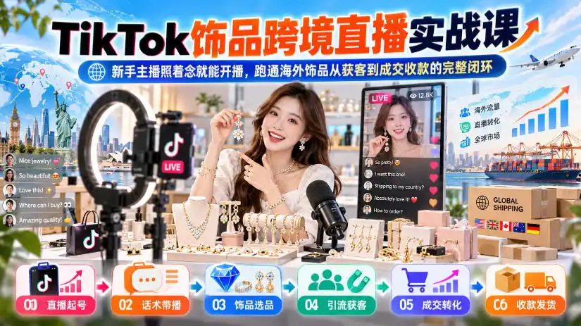 TikTok饰品跨境直播实战课，新手主播照着念就能开播，跑通海外饰品从获客到成交收款的完整闭环-资源分享