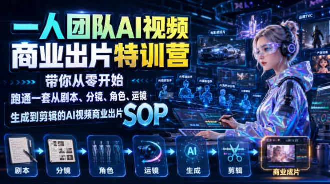 一人团队AI视频商业出片实战课：带你从零开始跑通一套从剧本、分镜、角色、运镜、生成到剪辑的AI视频商业出片SOP-资源分享