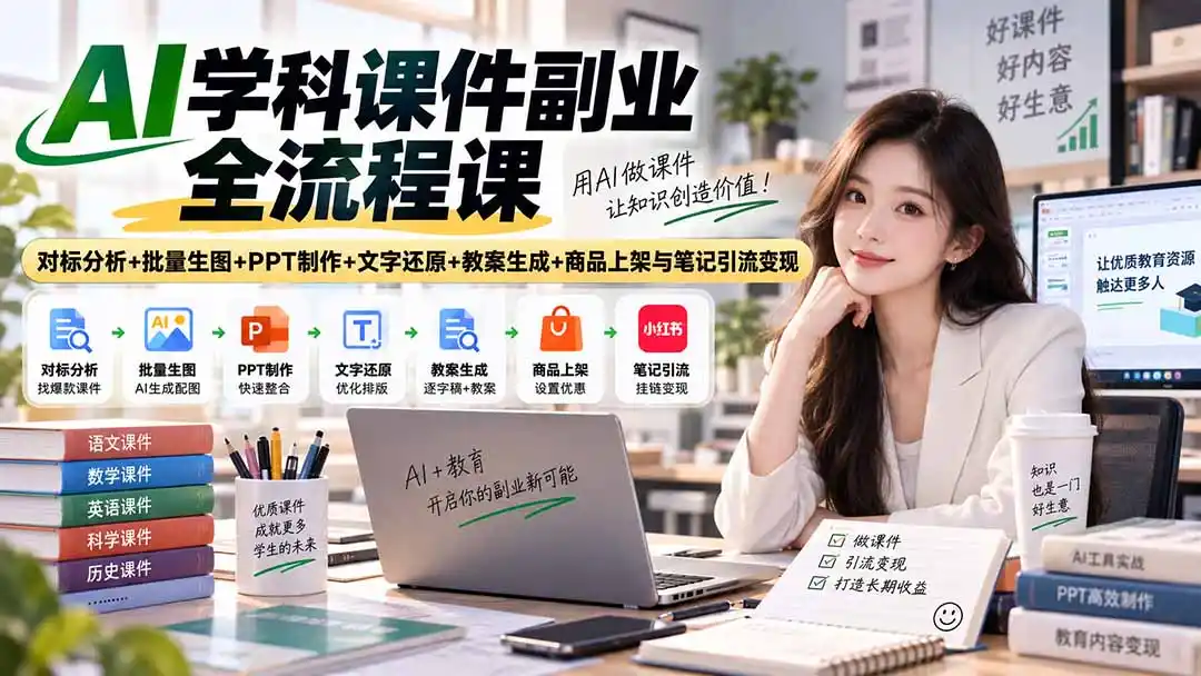 AI学科课件副业全流程课｜对标分析+批量生图+PPT制作+文字还原+教案生成+商品上架与笔记引流变现-资源分享