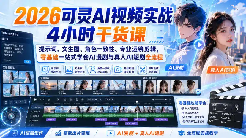 2026可灵AI视频实战4小时干货课｜提示词、文生图、角色一致性、专业运镜剪辑，零基础一站式学会AI漫剧与真人AI短剧全流程-资源分享