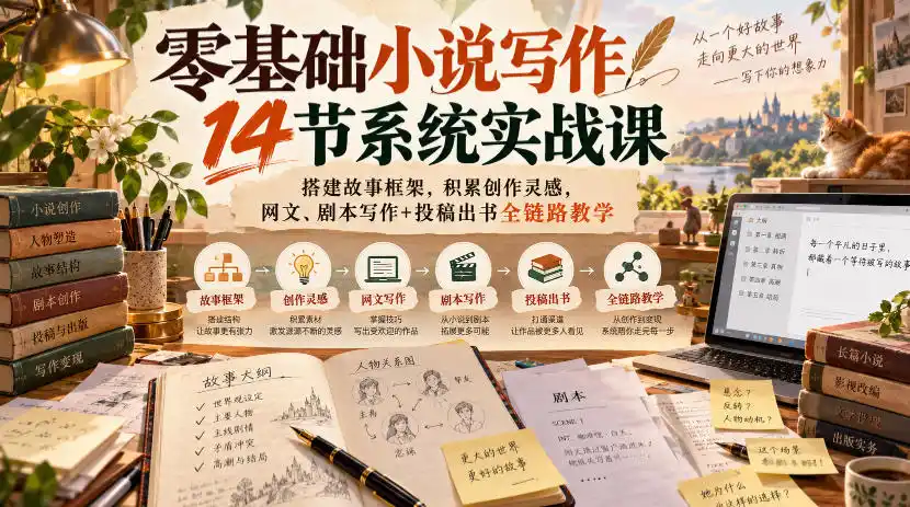 零基础小说写作14节系统实战课，搭建故事框架，积累创作灵感，网文、剧本写作+投稿出书全链路教学-资源分享
