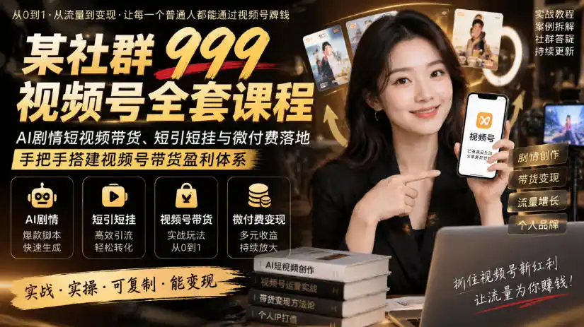 某社群999视频号全套课程，AI剧情短视频带货、短引短挂与微付费落地，手把手搭建视频号带货盈利体系-资源分享