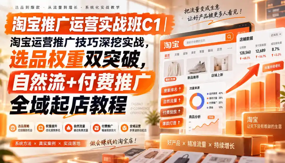 淘宝推广运营实战班C1｜淘宝运营推广技巧深挖实战，选品权重双突破，自然流+付费推广全域起店教程-资源分享