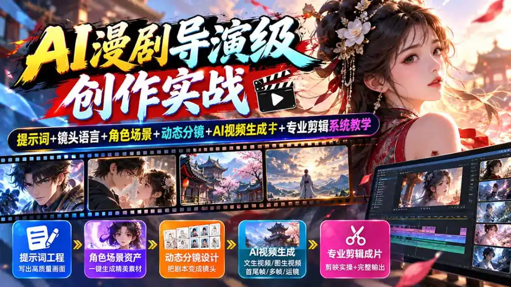 AI漫剧导演级创作实战：提示词+镜头语言+角色场景+动态分镜+AI视频生成+专业剪辑系统教学-资源分享