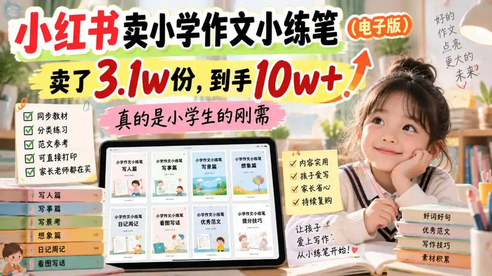 小红书卖小学作文小练笔(电子版)，卖了3.1w份，到手10w+，真的是小学生的刚需-资源分享