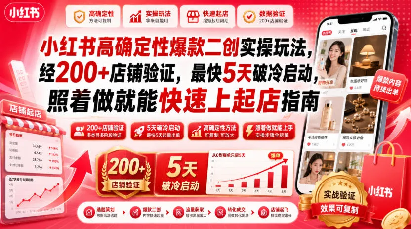 小红书高确定性爆款二创实操玩法，经200+店铺验证，最快5天破冷启动，照着做就能快速上起店指南-资源分享
