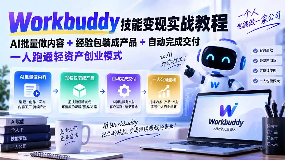 Workbuddy技能变现实战教程：AI批量做内容+经验包装成产品+自动完成交付，一人跑通轻资产创业模式-资源分享
