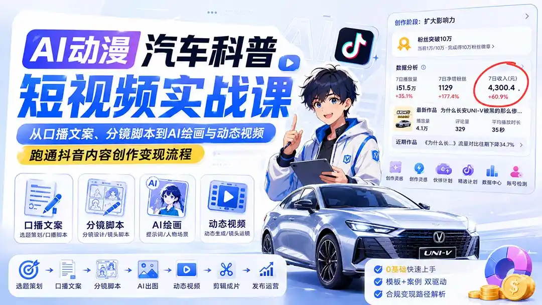 AI动漫汽车科普短视频实战课：从口播文案、分镜脚本到AI绘画与动态视频，跑通抖音内容创作变现流程-资源分享