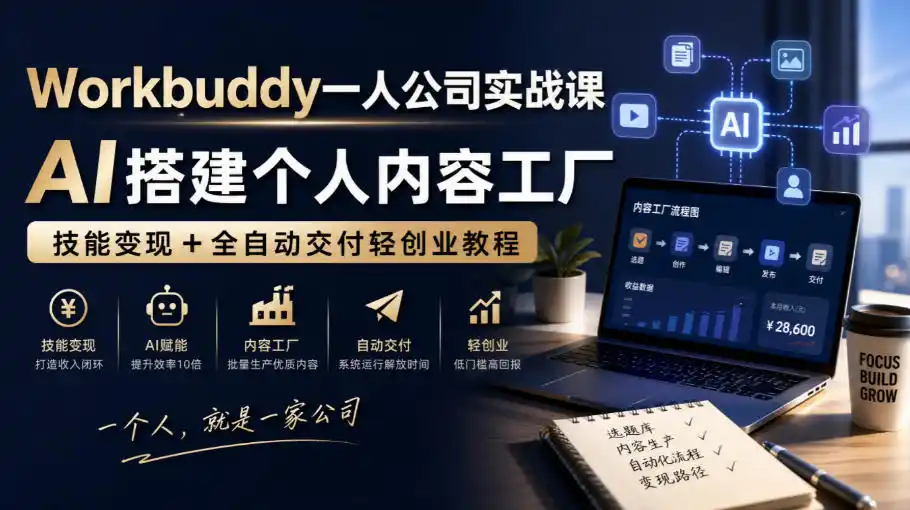 Workbuddy一人公司实战课，AI搭建个人内容工厂，技能变现+全自动交付轻创业教程-资源分享