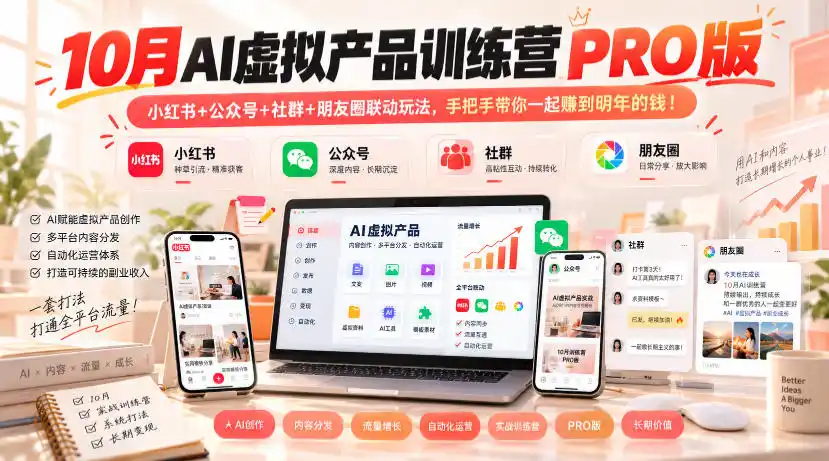 10月AI虚拟产品训练营PRO版，小红书+公众号+社群+朋友圈联动玩法，手把手带你一起赚到明年的钱！-资源分享