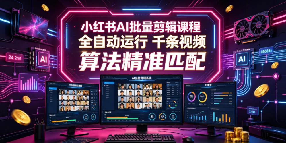 小红书AI批量剪辑课程，24小时全自动运行，解放双手专注运营，千条视频批量处理，小红书算法精准匹配-资源分享