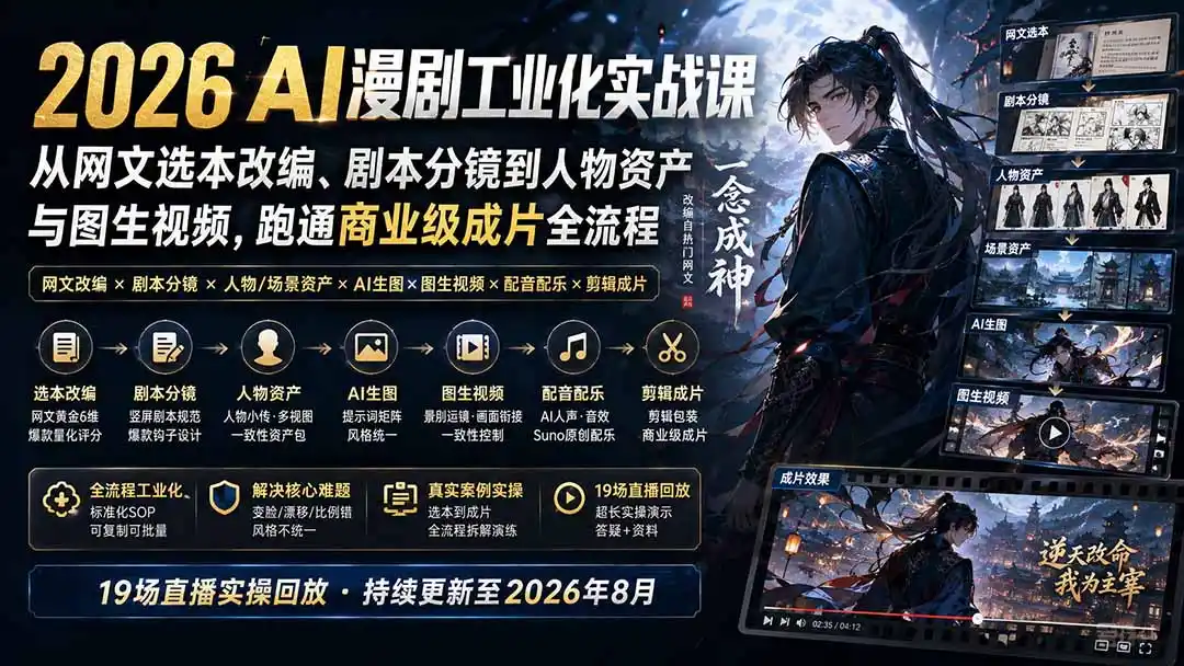 2026 AI漫剧工业化实战课-更新：从网文选本改编、剧本分镜到人物资产与图生视频，跑通商业级成片全流程-资源分享