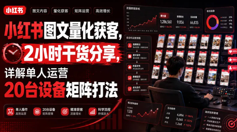 小红书图文量化获客，2小时干货分享，详解单人运营20台设备矩阵打法-资源分享