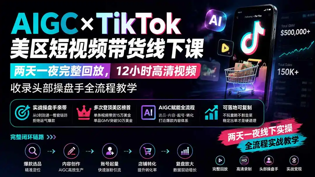 AIGC×TikTok美区短视频带货线下课；两天一夜完整回放，12小时高清视频收录头部操盘手全流程教学-资源分享