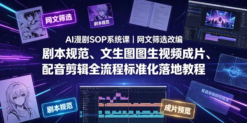 AI漫剧SOP系统课|网文筛选改编、剧本规范、文生图图生视频成片、配音剪辑全流程标准化落地教程(更新)