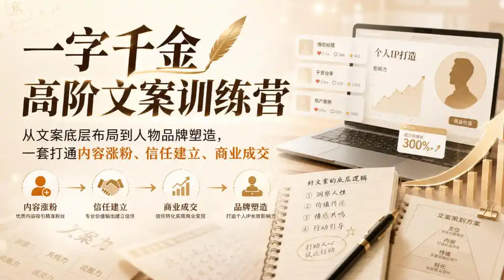 一字千金高阶文案训练营，从文案底层布局到人物品牌塑造，一套打通内容涨粉、信任建立、商业成交-资源分享