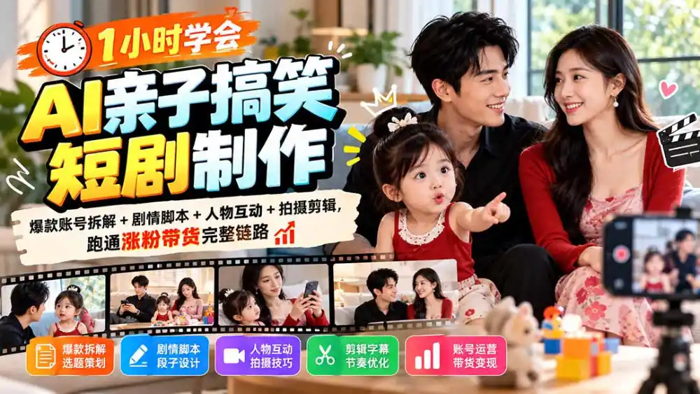 1小时学会AI亲子搞笑短剧制作：爆款账号拆解+剧情脚本+人物互动+拍摄剪辑，跑通涨粉带货完整链路-资源分享