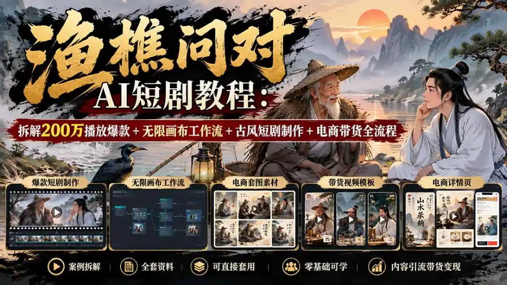 【无水印】渔樵问对AI短剧教程：拆解200万播放爆款+无限画布工作流+古风短剧制作+电商带货全流程-资源分享