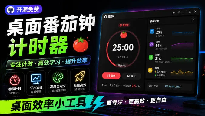 仅1.16MB，开源极简的桌面时钟、番茄钟计时器，还支持系统监控显示，桌面效率小工具Catime-资源分享