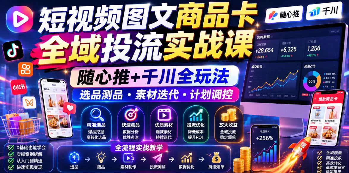 短视频图文商品卡全域投流实战课，随心推+千川全玩法，选品测品・素材迭代・计划调控，提升ROI爆单增收教程-资源分享