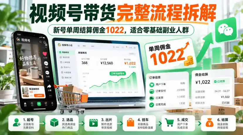 视频号带货完整流程拆解，新号单周结算佣金1022，适合零基础副业人群-资源分享