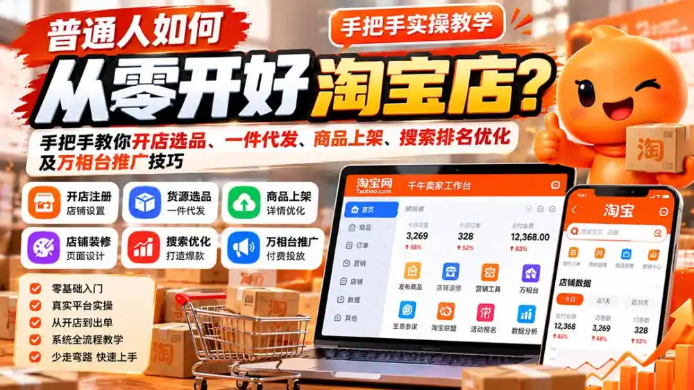 普通人如何从零开好淘宝店？手把手教你开店选品、一件代发、商品上架、搜索排名优化及万相台推广技巧-资源分享