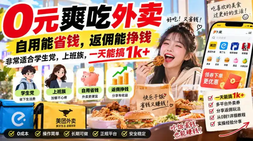 0元爽吃外卖，自用能省钱，返佣能挣钱，非常适合学生党，上班族，一天能搞1k+-资源分享