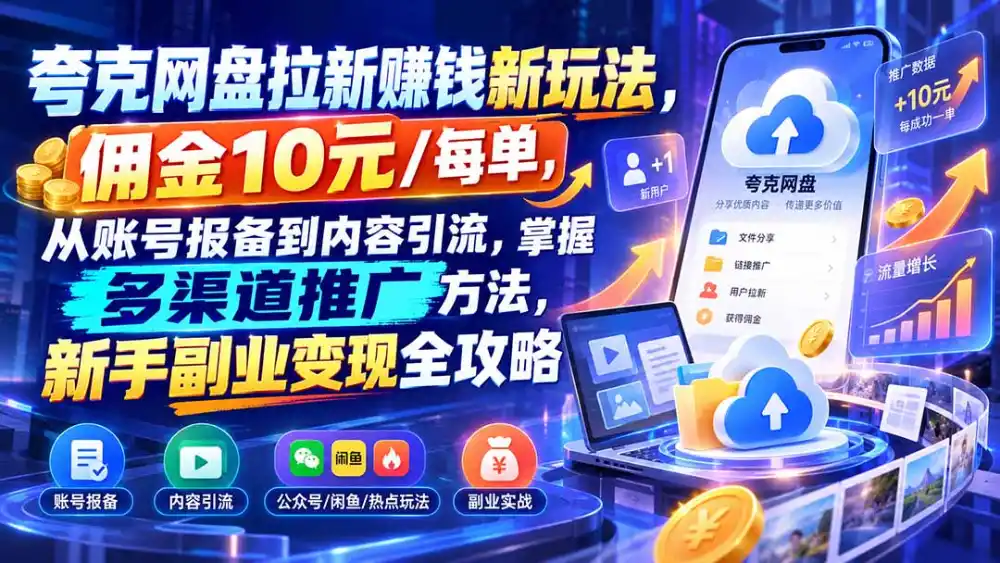 夸克网盘拉新赚钱新玩法，佣金10元/每单，从账号报备到内容引流，掌握多渠道推广方法，新手副业变现全攻略-资源分享